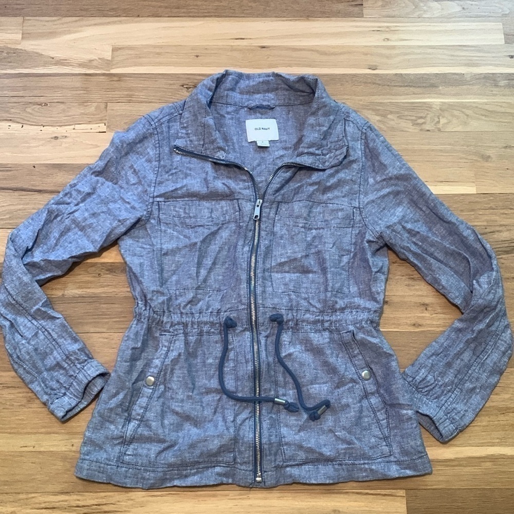 Old Navy Linen Blend Long Sleeve Zip-Up Tie Waist Blue Jacket Women’s M
